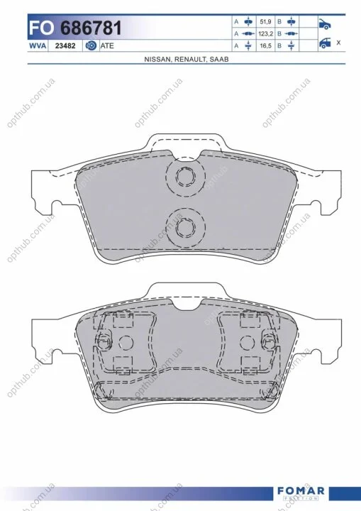 Колодки гальмівні дискові ЗАДН RENAULT LAGUNA II 1.6I 16V,1.8 16V,1.9 DTI, 1.9 DCI, 2.0, 2.0 16V, 2. -ua FOMAR FO 686781 (фото 1)