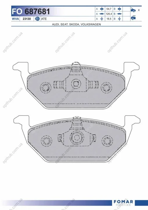 Колодки гальмівні дискові ПЕРЕДН SEAT LEON 99-,TOLEDO 99-;SKODA OCTAVIA 96-;VW BORA 99-,GOLF 97-99,G FOMAR FO 687681 (фото 1)