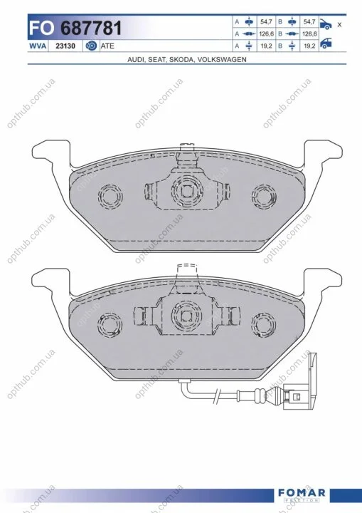 Колодки гальмівні дискові ПЕРЕДН SEAT IBIZA 02-. TOLEDO 98-09. LEON 99-12. SKODA FABIA 99-14. OCTAVI FOMAR FO 687781 (фото 1)