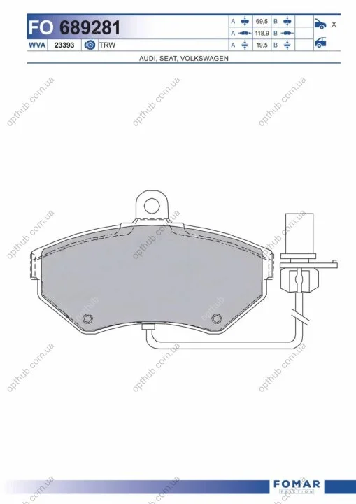 Колодки гальмівні дискові ПЕРЕДН AUDI A4 1.6-3.0 00-04, VW PASSAT 1.6-1.9 96-00 -ua FOMAR FO 689281 (фото 1)