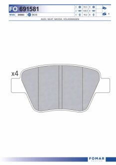 Колодки гальмівні дискові ЗАДН SKODA OCTAVIA 1.4-2.0,1.9 TDI 04-,SUPERB 1.4-2.0 08-,YETI 1.2-2.0 09- FOMAR FO 691581