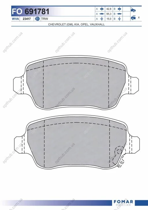 Колодки гальмівні дискові ЗАДН KIA VENGA;OPEL ASTRA,COMBO,MERIVA,ZAFIRA 98- FOMAR FO 691781 (фото 1)