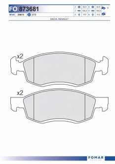 Колодки гальмівні дискові ПЕРЕДН DACIA LOGAN MCV 1.4-1.6 02.07- СИСТ=ATE -ua FOMAR FO 873681