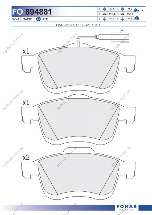 Колодки гальмівні дискові ПЕРЕДН FIAT DOBLO 1.3D-2.0D 2010-;LANCIA DELTA III 1.9 JTD, 2.0 JTD 09/08- -ua FOMAR FO 894881 (фото 1)