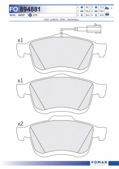 Колодки гальмівні дискові ПЕРЕДН FIAT DOBLO 1.3D-2.0D 2010-;LANCIA DELTA III 1.9 JTD, 2.0 JTD 09/08- -ua FOMAR FO 894881