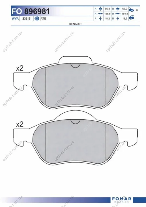 Колодки тормозные дисковые передние RENAULT CLIO, GRAND SCENIC, MEGANE, SCENIC 1.4-2.0 02- FOMAR FO 896981 (фото 1)