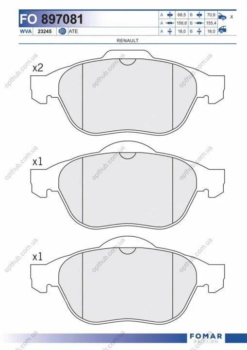 Колодки гальмівні дискові ПЕРЕДН RENAULT LAGUNA II 1.6I 16V,1.8 16V, 1.9 DTI,DCI, 2.0, 2.0 16V, 2.2 -ua FOMAR FO 897081 (фото 1)