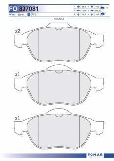 Колодки гальмівні дискові ПЕРЕДН RENAULT LAGUNA II 1.6I 16V,1.8 16V, 1.9 DTI,DCI, 2.0, 2.0 16V, 2.2 -ua FOMAR FO 897081