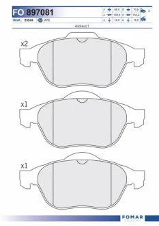 Колодки гальмівні дискові ПЕРЕДН RENAULT LAGUNA II 1.6I 16V,1.8 16V, 1.9 DTI,DCI, 2.0, 2.0 16V, 2.2 -ua FOMAR FO 897081