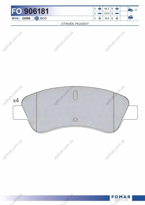 Колодки тормозные дисковые передние CITROEN BERLINGO 97-. XSARA 96-. PEUGEOT 206 99-. 307 00-. PARTNER FOMAR FO 906181 (фото 1)