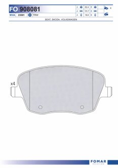 Колодки гальмівні дискові ПЕРЕДН SKODA FABIA ROOMSTER06-,VW POLO 01-,SEAT CORDOBA 02- -ua FOMAR FO 908081