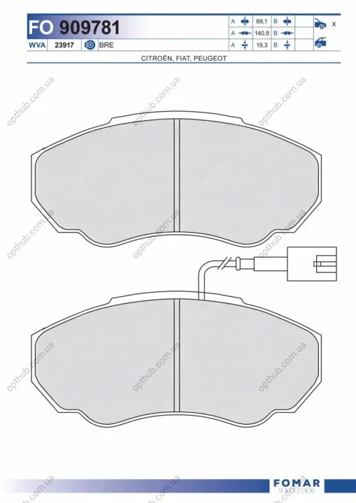 Колодки тормозные дисковые передние PEUGEOT BOXER 04.2002-,FIAT DUCATO 04.2002-,CITROEN JUMPER 02.2003- FOMAR FO 909781 (фото 1)