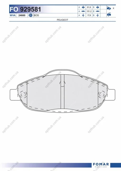 Колодки тормозные дисковые передние PEUGEOT 3008 2009 -, 308 2007 -, 308 CC 2009 -, 308 SW 2007 - FOMAR FO 929581 (фото 1)