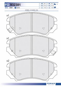 Колодки гальмівні дискові ПЕРЕДН HYUNDAI SONATA 2,0 2,7 01- TUCSON 2,0 2,7 04-, COUPE 1,6 2,0 2,7 02 -ua FOMAR FO 932381