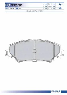 Колодки гальмівні дискові ПЕРЕДН TOYOTA AURIS 1.4-2.2D 07-,COROLLA 1.4VVT-I 02-, URBAN CRUISER 09-,V -ua FOMAR FO 932781