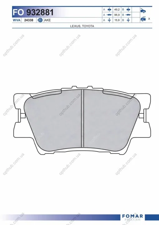 Колодки гальмівні дискові ЗАДН TOYOTA RAV4 2.0 08-,2.2D-4D 05-,2.4 4X4 05-,3.5 4X4 05- -ua FOMAR FO 932881 (фото 1)