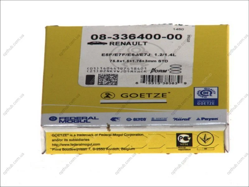 Кольца поршневые (1CYL) RENAULT 75.8 (1.5/1.75/3) 1.2I/1.4 E2F/E5F/E6J/E7F/E7J GOETZE 08-336400-00 (фото 1)