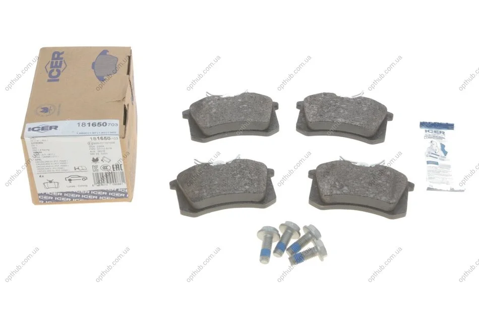 Колодки гальмівні (задні) Audi A4/A6/Renault Scenic/Megane 97-/Fluence/Citroen C3/C4 10-/Peuge UA63 ICER 181650-703 (фото 1)