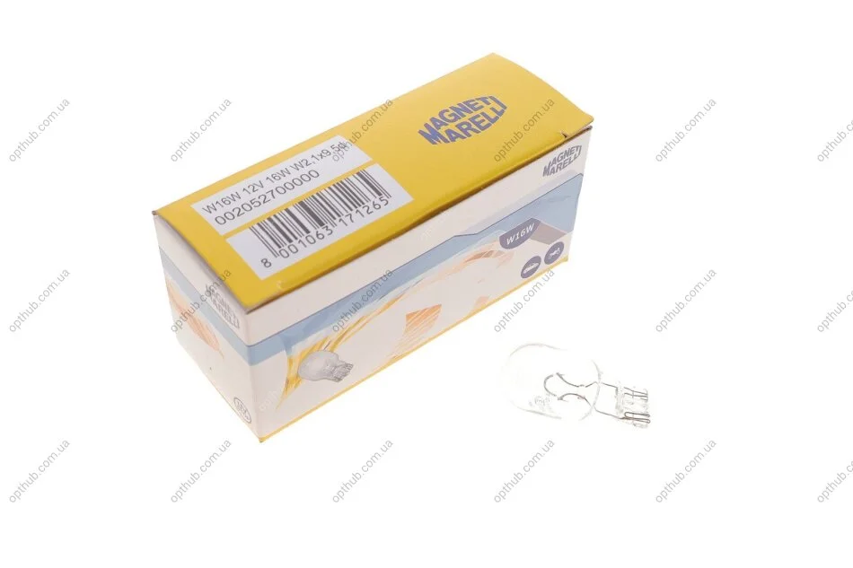 Лампа розжарювання T15 12V 16W W16W W2, 1x9, 5d (вир-во Magneti Marelli) MAGNETI MARELLI 002052700000 (фото 1)