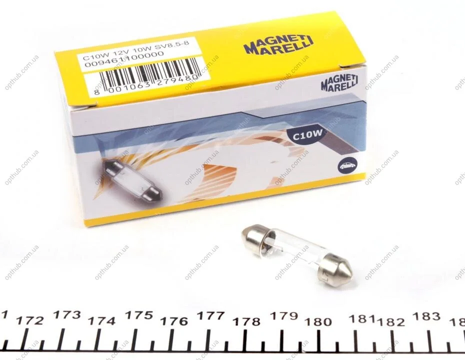 Автолампа C10W 12V 10W SV8.5-8 Standard (L=38/d=10.5) (C10W 12V) (opt-om) MAGNETI MARELLI 009461100000 (фото 1)