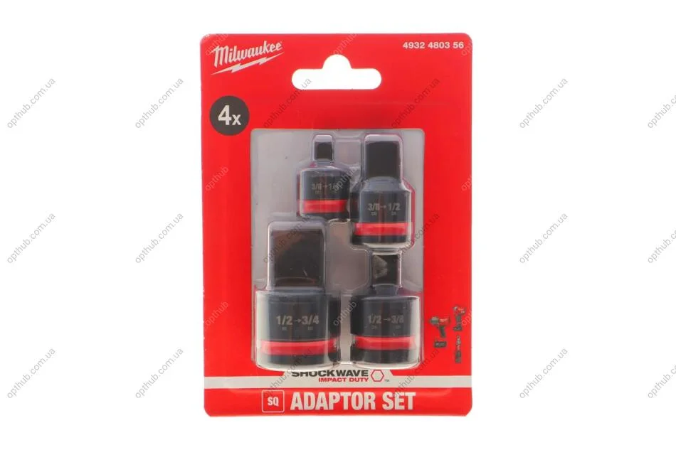 Набір перехідників ShW, (3/8"-1/4"; 3/8"-1/2"; 1/2"-3/8"; 1/2"-3/4") (4шт) MILWAUKEE 4932480356 (фото 1)