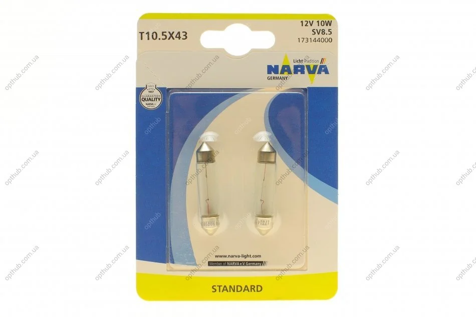 Автолампа C10W 12V 10W SV8.5 Standard (L=41/d=11) (блистер/к-кт 2 шт) (opt-om) NARVA 173144000 (фото 1)
