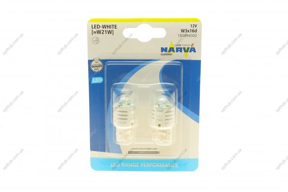 Автолампа W21W 12V 21W W3x16d (LED) (біла) (к-кт 2шт) UA63 NARVA 180994000 (фото 1)