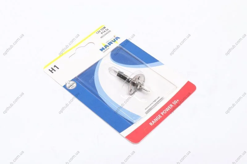 Лампа накаливания H1 12V 55W P14,5S RANGE POWER +50 (Blister 1шт) (выр-во Narva) NARVA 48334B1 (фото 1)
