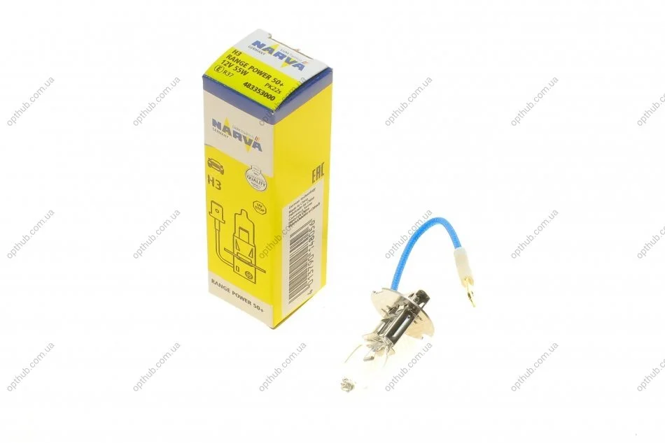 Автолампа H3 12V 55W PK22s Range Power 50+ (opt-om) NARVA 483353000 (фото 1)