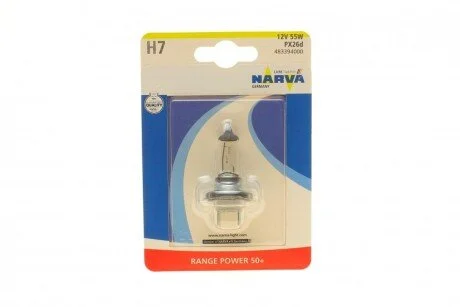 Автолампа H7 12V 55W PX26d Range Power 50+ (блистер/ 1шт) UA63 NARVA 483394000