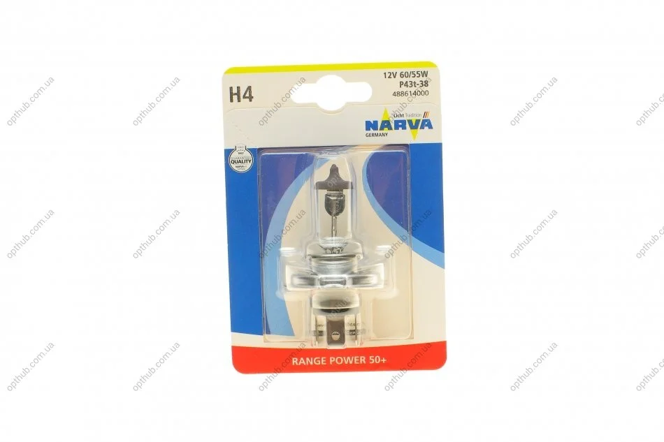 Автолампа H4 12V 60/55W P43t Range Power 50+ (блистер/1шт) (opt-om) NARVA 488614000 (фото 1)