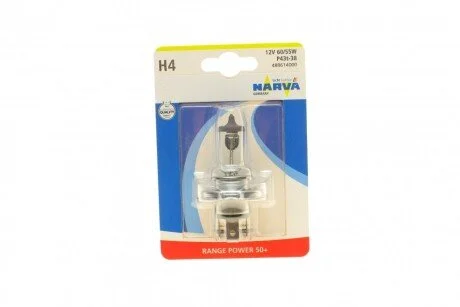 Автолампа H4 12V 60/55W P43t Range Power 50+ (блистер/1шт) (opt-om) NARVA 488614000