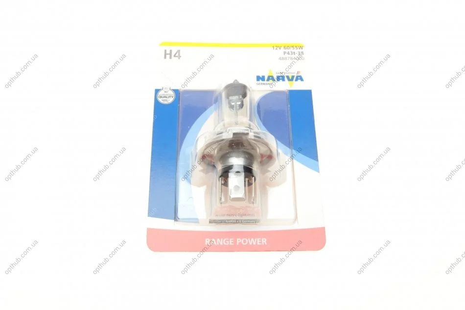 Автолампа H4 12V 60/55W P43t Range Power (+30%) (блистер/ 1шт) (opt-om) NARVA 488784000 (фото 1)