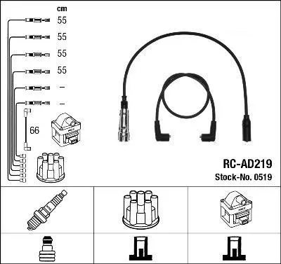 Комплект проводів запалювання AUDI 100 C4 VW GOLF III, TRANSPORTER T4 1.8/2.0 09.90-04.03 NGK 0519 (фото 1)