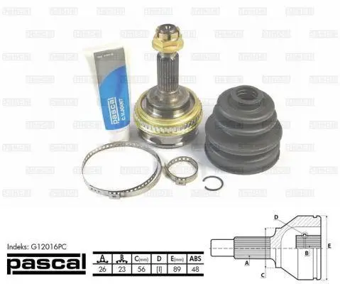 Шарнір приводного валу зовнішній лів/прав (26z/23z/56мм ABS:48) TOYOTA BB I, CALDINA, CARINA E VI, CARINA V, CELICA, COROLLA, COROLLA FX, CORONA, GAIA, IST, PASEO, PICNIC 1.3-2.2D 08.83-01.17 PASCAL G12016PC (фото 1)