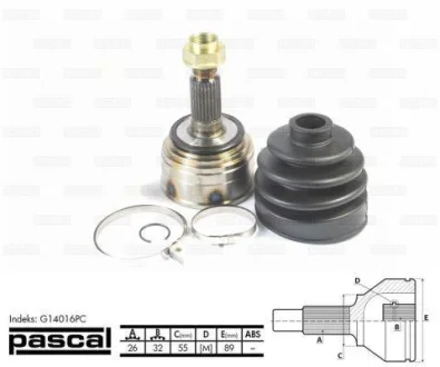 Шарнір приводного валу зовнішній лів/прав (26z/32z/55мм) ACURA INTEGRA HONDA ACCORD III, CIVIC V, CIVIC VI, CR-V I, CRX III, INTEGRA, PRELUDE III 1.4-2.0 01.85-02.02 PASCAL G14016PC