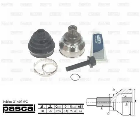 Шарнір приводного валу зовнішній лів/прав (38z/25z/59,5мм ABS:45) AUDI 100 C3, 100 C4, 200 C3, 80 B4 1.8-2.8 03.83-07.95 PASCAL G1A014PC (фото 1)