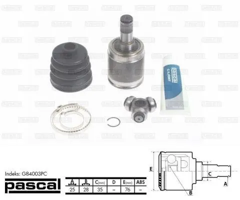 Шарнір приводного валу внутрішній прав (25z/28z/35мм) HONDA CITY III, CIVIC V, CIVIC VI, CRX III, DOMANI, INTEGRA, JAZZ II 1.2-2.0D 10.91-10.08 PASCAL G84003PC (фото 1)