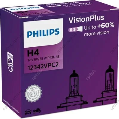 Лампа розжарювання H4 VisionPlus (+60) 12V 60/55W P43t-38 2шт (вир-во Philips) PHILIPS 12342VPC2 (фото 1)