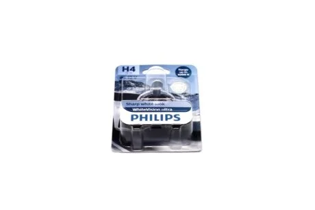 Лампа накаливания H4 12V 60/55W WhiteVision ULTRA +60 (4200K) (1шт) (пр-во Philips) PHILIPS 12342WVUB1
