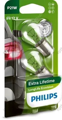 Лампа розжарювання P21W 12V 21W BA15s LongerLife EcoVision 2шт blister (вир-во Philips) PHILIPS 12498LLECOB2 (фото 1)