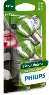 Лампа розжарювання P21W 12V 21W BA15s LongerLife EcoVision 2шт blister (вир-во Philips) PHILIPS 12498LLECOB2