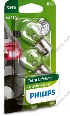 Лампа розжарювання P21/5W12V 21/5W BAY15d LongerLife EcoVision (2шт) (вир-во Philips) PHILIPS 12499LLECOB2 (фото 1)