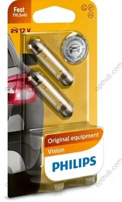 Лампа розжарювання T10,5X43 12V 10W SV 8,5 Fest VISION 2шт blister (вир-во Philips) PHILIPS 12866B2 (фото 1)