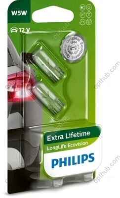 Лампа розжарювання W5W 12V 5W W2,1X9,5d LongerLife EcoVision 2шт blister (вир-во Philips) PHILIPS 12961LLECOB2 (фото 1)