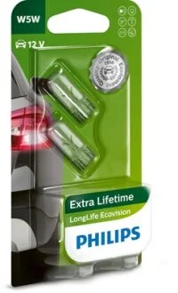 Лампа розжарювання W5W 12V 5W W2,1X9,5d LongerLife EcoVision 2шт blister (вир-во Philips) PHILIPS 12961LLECOB2