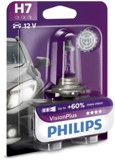 Автолампа галогенова 55W H7 12V 55W PX26D / VISIONPLUS - НА 60% УВЕЛИЧЕН ПОТОК СВЕТА / 1ШТ. BLISTER PHILIPS 12972VPB1