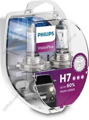 Автолампа галогенова 55W H7 12V 55W PX26D / VISIONPLUS - НА 60% ЗБІЛЬШЕН ПОТІК СВІТЛА / 2ШТ. BOX PHILIPS 12972VPS2 (фото 1)