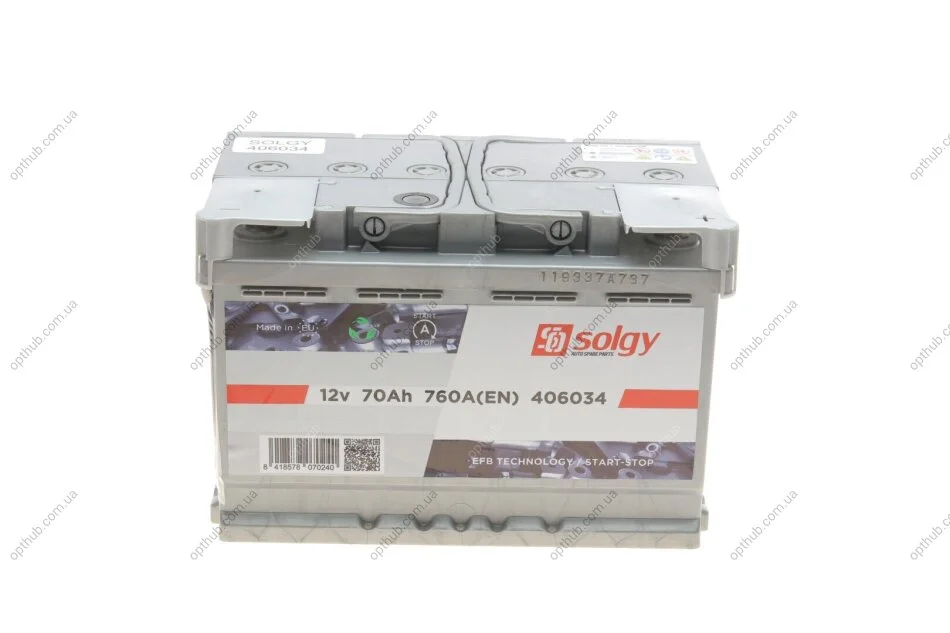 Акумуляторна батарея 70Ah/760A (278x175x190/+R/B13) (Start-Stop EFB) SOLGY (opt-om) Solgy 406034 (фото 1)