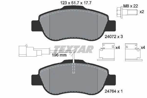 Комплект гальмівних колодок передн, ABARTH 500 / 595 / 695 FIAT 500, 500 C, GRANDE PUNTO, PANDA, PUNTO EVO FORD KA PEUGEOT BIPPER TEPEE 1.2-1.4D 09.03- TEXTAR 2407202 (фото 1)